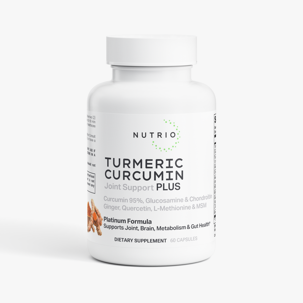 NUTRIO Turmeric Curcumin Plus Platinum Formula capsule bottle, front label view
