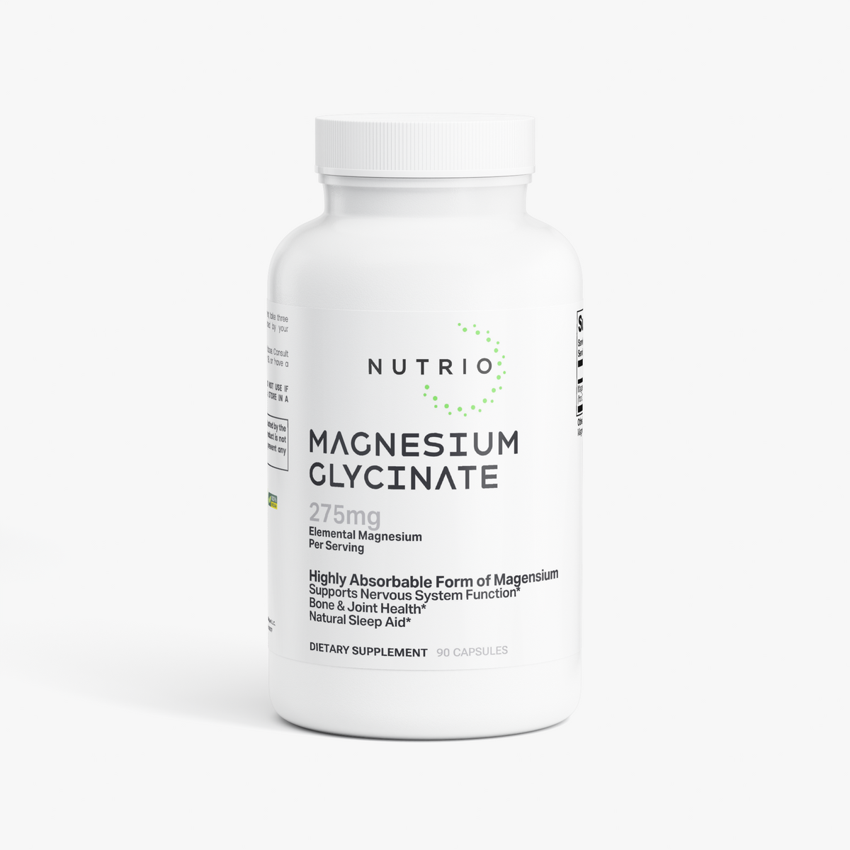NUTRIO Magnesium Glycinate 275mg capsule bottle, front label on a light background