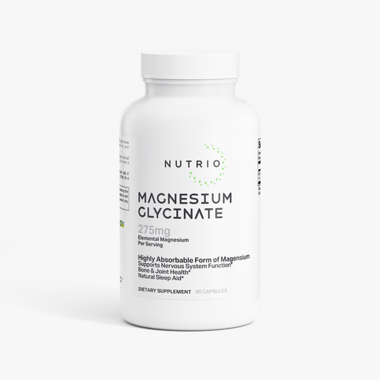 NUTRIO Magnesium Glycinate 275mg capsule bottle, front label on a light background