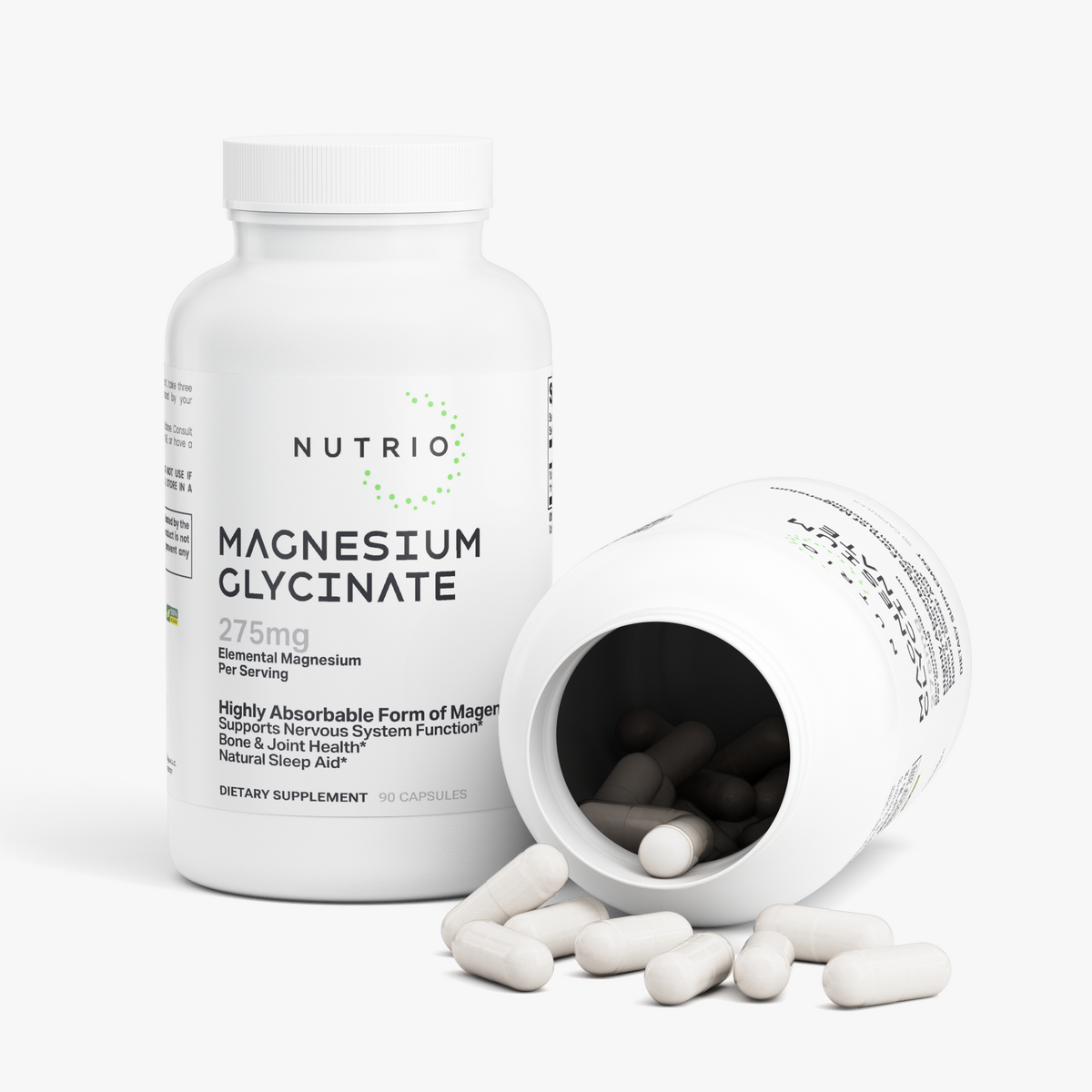 NUTRIO Magnesium Glycinate bottle beside an open bottle with white capsules spilling out