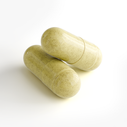 Close-up of two green-tan NUTRIO NAD+ capsules with visible powder fill