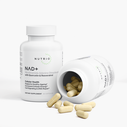 NUTRIO NAD+ bottle next to an open bottle with beige capsules spilling out