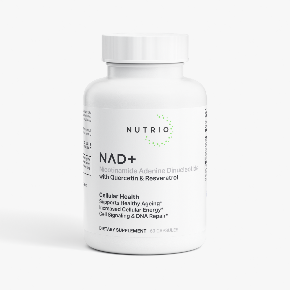 NUTRIO NAD+ with Quercetin & Resveratrol capsule bottle, front label view