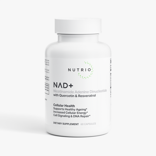 NUTRIO NAD+ with Quercetin & Resveratrol capsule bottle, front label view
