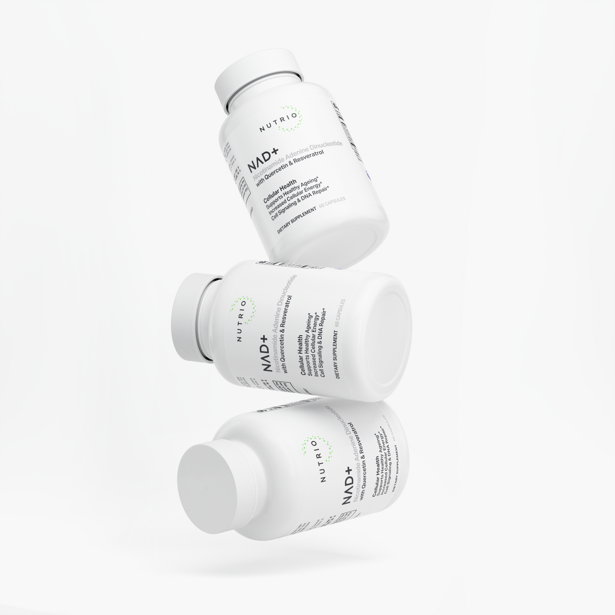 Three NUTRIO NAD+ bottles floating one above another on a white background