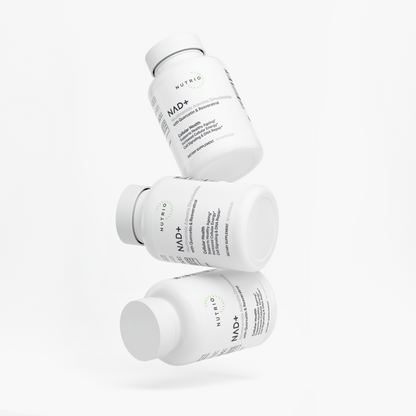 Three NUTRIO NAD+ bottles floating one above another on a white background
