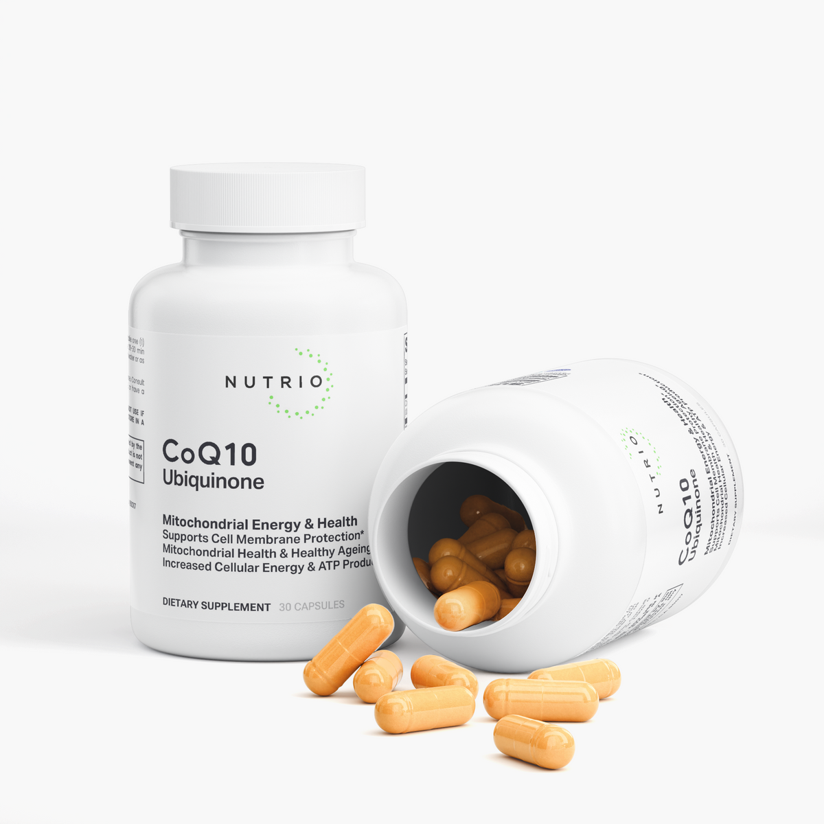 NUTRIO CoQ10 Ubiquinone bottle beside an open bottle with orange capsules spilling out