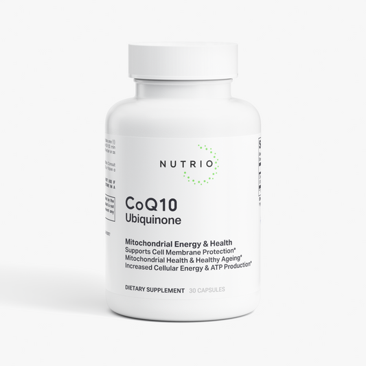 NUTRIO CoQ10 Ubiquinone 30-capsule bottle, front label on a light background