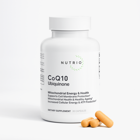 NUTRIO CoQ10 Ubiquinone bottle with orange capsules resting in front