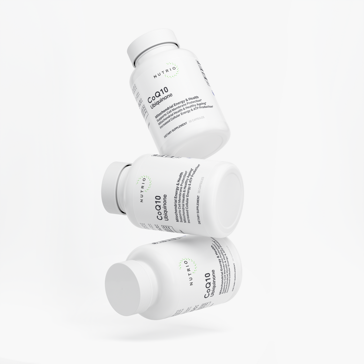 Three NUTRIO CoQ10 Ubiquinone bottles floating one above another on a white background