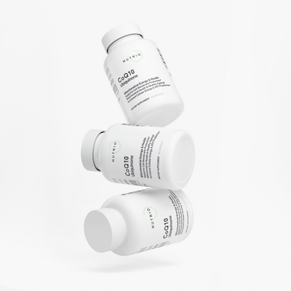 Three NUTRIO CoQ10 Ubiquinone bottles floating one above another on a white background
