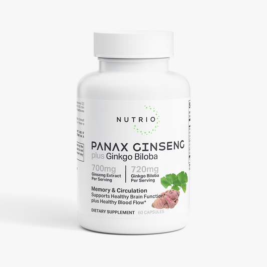 NUTRIO Panax Ginseng plus Ginkgo Biloba 60-capsule bottle, front label showing 700 mg ginseng extract and 720 mg ginkgo biloba per serving