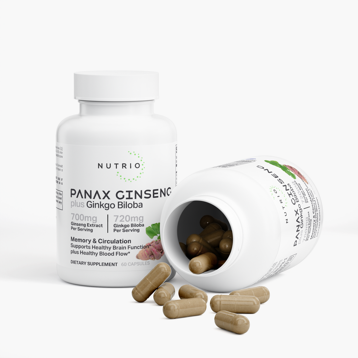 NUTRIO Panax Ginseng plus Ginkgo Biloba bottle beside an open bottle with brown capsules spilling out