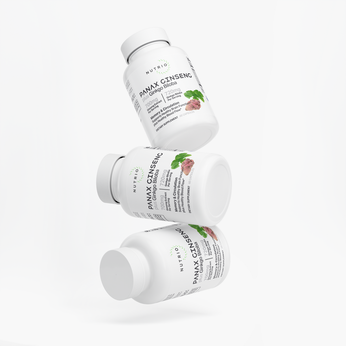 Three NUTRIO Panax Ginseng plus Ginkgo Biloba bottles floating one above another on a white background