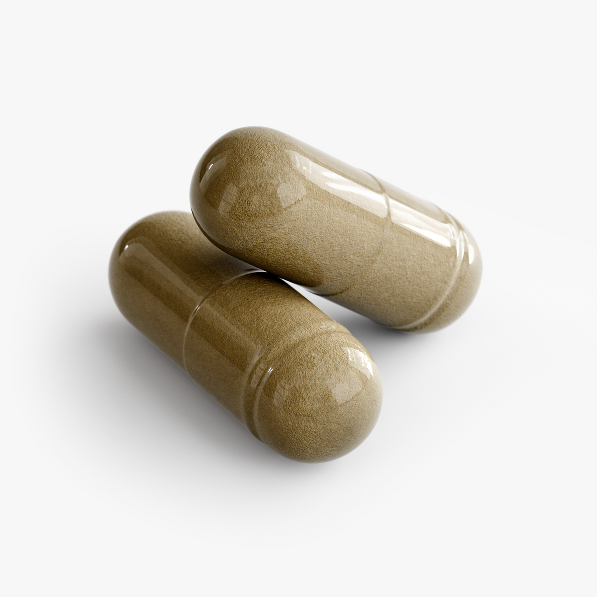 Close-up of two olive-brown NUTRIO Panax Ginseng plus Ginkgo Biloba capsules