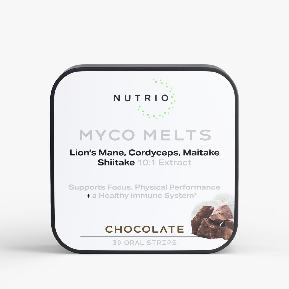 Nutrio Myco Melts Mushroom Complex chocolate oral strips tin, front label