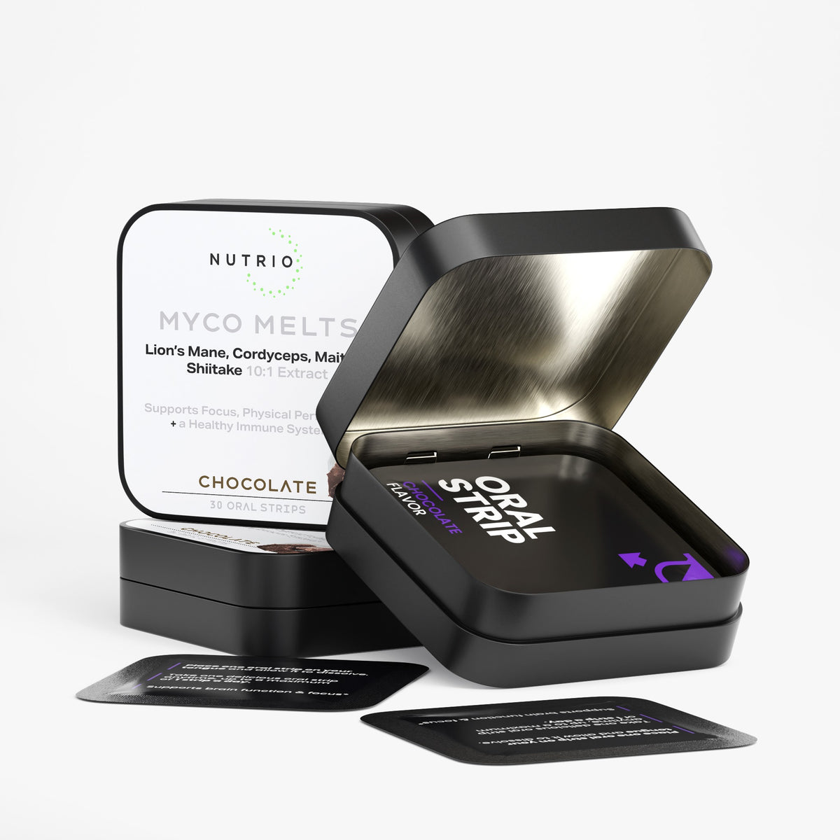 Nutrio Myco Melts Mushroom Complex tins, one open showing chocolate oral strip pouches