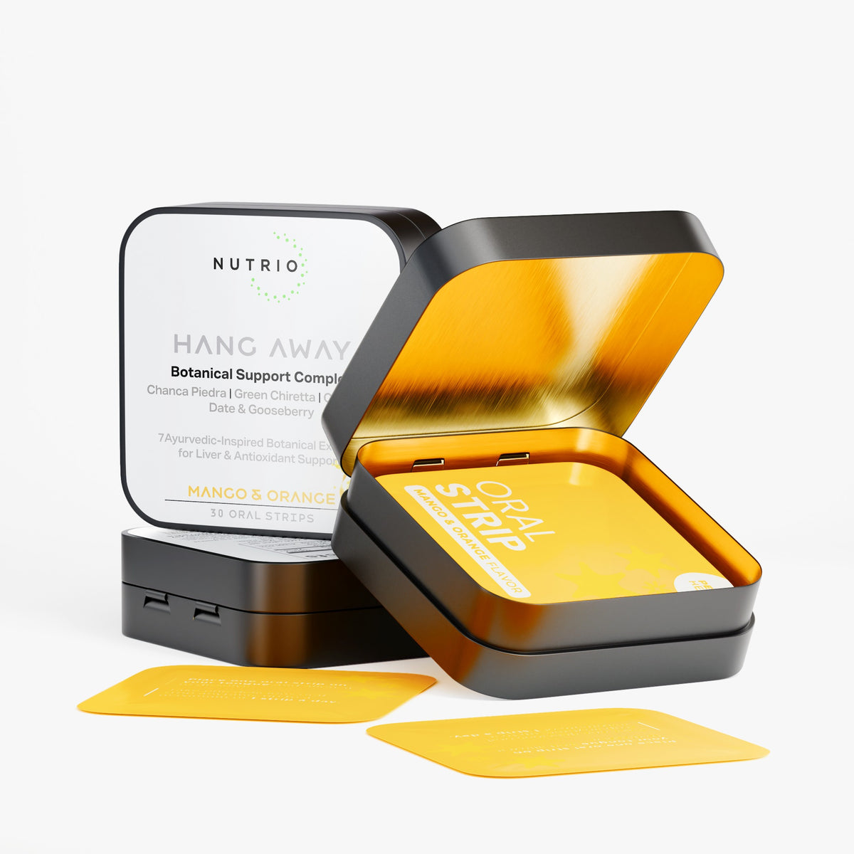 Nutrio Hang Away Botanical Support Complex tins, one open showing mango and orange oral strip pouches