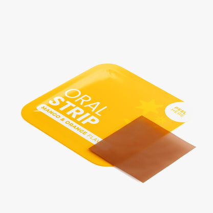 Nutrio Hang Away Botanical Support Complex mango and orange oral strip on its pouch