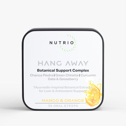 Nutrio Hang Away Botanical Support Complex mango and orange oral strips tin, front label