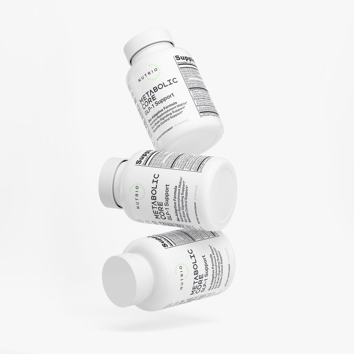 Three Nutrio Metabolic Core GLP-1 Support bottles, stacked