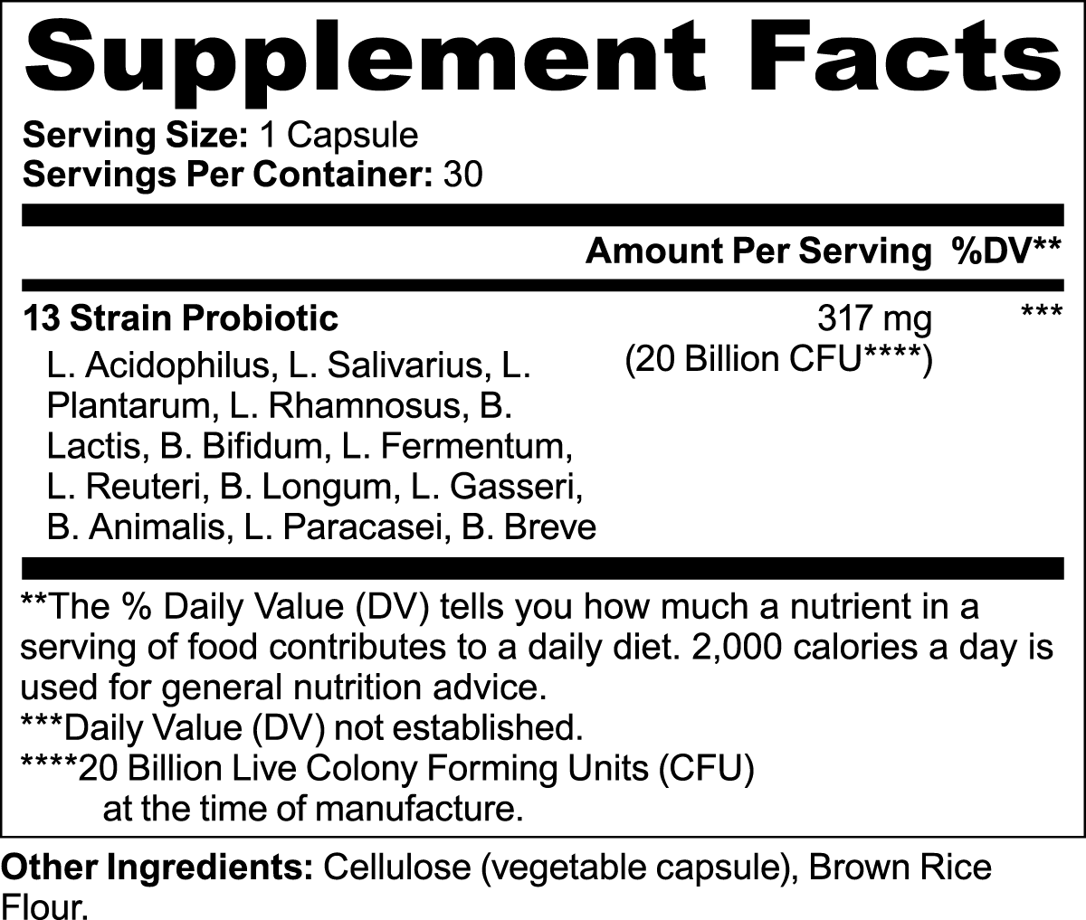 NUTRIO PRO-13 supplement facts panel listing the 13 probiotic strains and 20 Billion CFU
