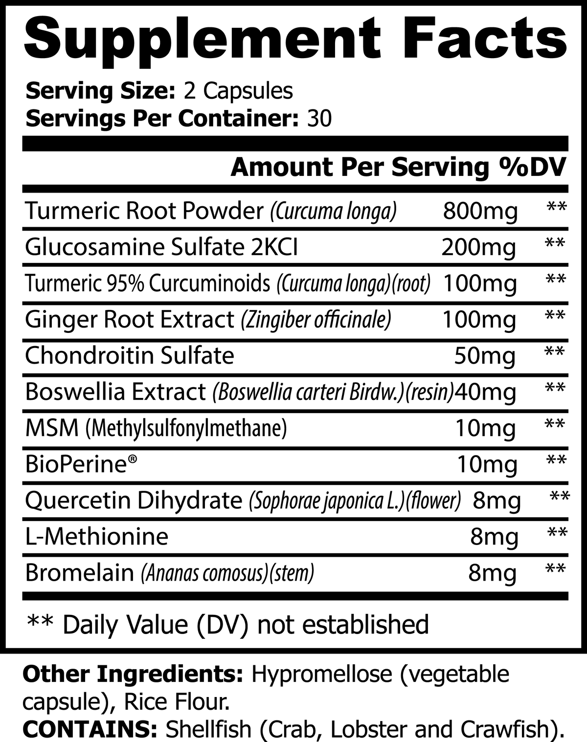 NUTRIO Platinum Turmeric Curcumin Complex supplement facts panel with ingredient amounts