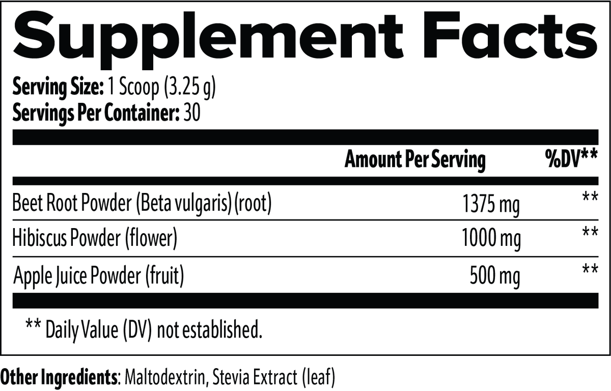 NUTRIO Vital Beets supplement facts panel listing beet root, hibiscus and apple juice powder