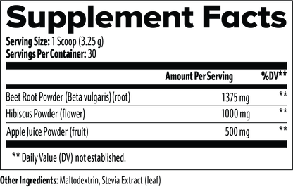 NUTRIO Vital Beets supplement facts panel listing beet root, hibiscus and apple juice powder