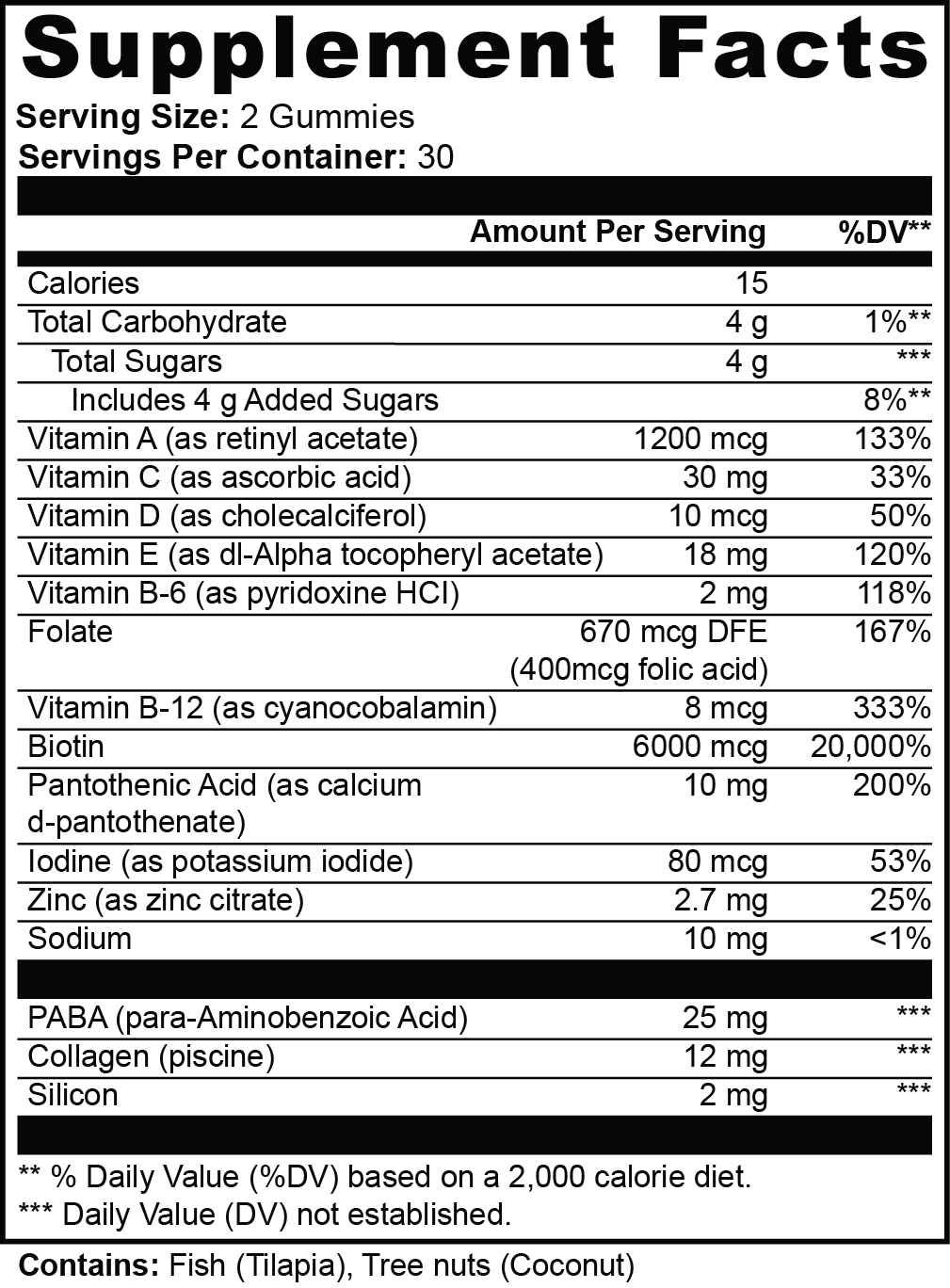NUTRIO Hair, Skin & Nails Multivitamin Gummies supplement facts panel with vitamin amounts