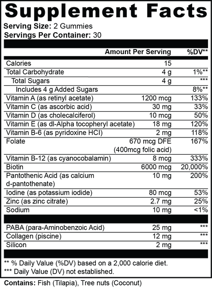 NUTRIO Hair, Skin & Nails Multivitamin Gummies supplement facts panel with vitamin amounts