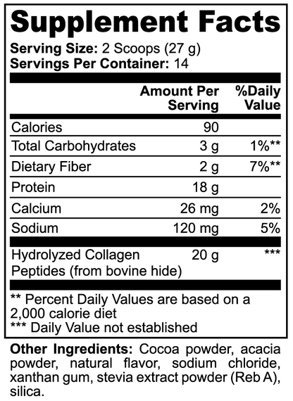 NUTRIO Grass-Fed Collagen Peptides Chocolate supplement facts panel and other ingredients