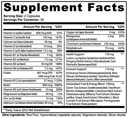 NUTRIO Daily Complete Multivitamin supplement facts panel with vitamins, minerals and blends
