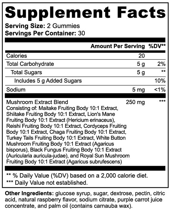 NUTRIO Myco-X supplement facts panel listing the 10-mushroom extract blend and ingredients