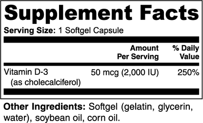 NUTRIO Vitamin D3 supplement facts panel showing 50 mcg (2,000 IU) per softgel