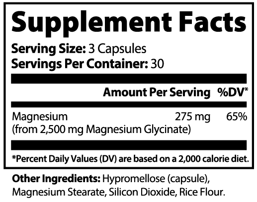 NUTRIO Magnesium Glycinate supplement facts panel, 275 mg magnesium per 3-capsule serving