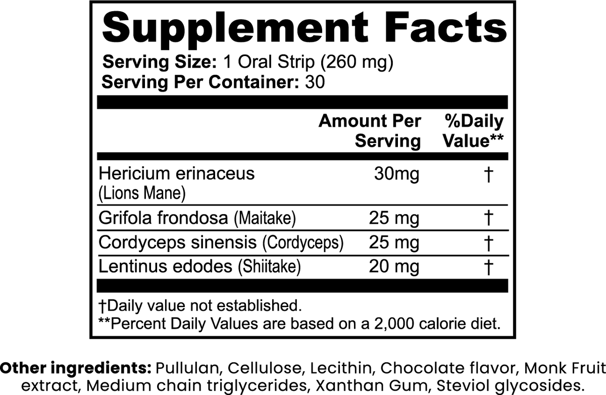 NUTRIO Myco Smelt næringsinnhold og liste over andre ingredienser for de orale stripsene i smaken sjokolade