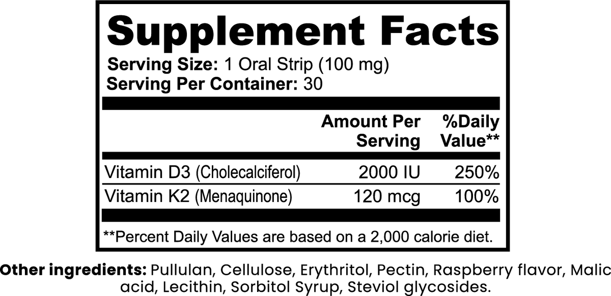 NUTRIO Bone Health supplement facts panel and other ingredients list for the Raspberry oral strips
