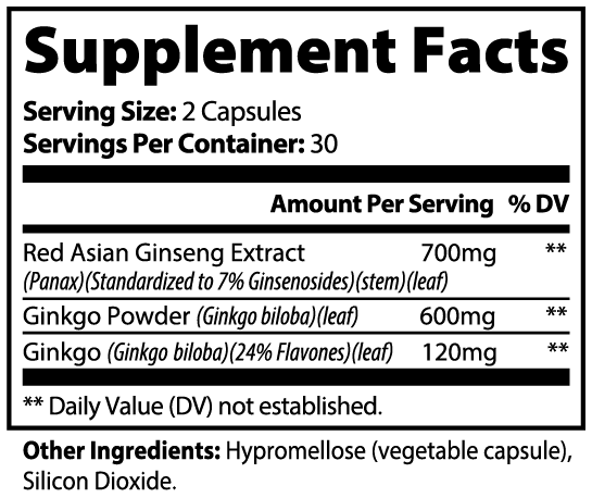 NUTRIO Panax Ginseng plus Ginkgo Biloba supplement facts panel: 700 mg Red Asian Ginseng Extract, 600 mg Ginkgo Powder and 120 mg Ginkgo (24% flavones) per 2-capsule serving