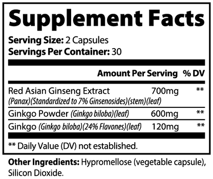 NUTRIO Panax Ginseng plus Ginkgo Biloba supplement facts panel: 700 mg Red Asian Ginseng Extract, 600 mg Ginkgo Powder and 120 mg Ginkgo (24% flavones) per 2-capsule serving