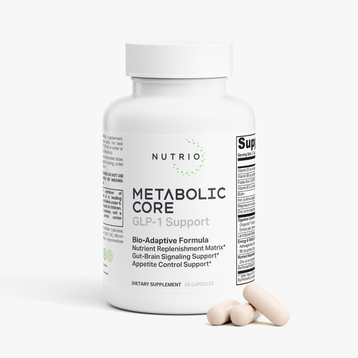 Nutrio Metabolic Core GLP-1 Support bottle with capsules