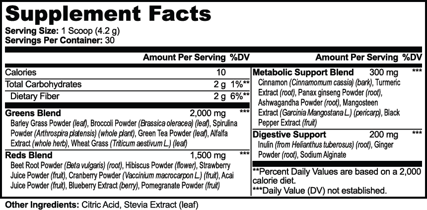 NUTRIO Pure Vital Super Greens & Reds supplement facts panel: Greens Blend 2,000 mg, Reds Blend 1,500 mg, Metabolic Support Blend 300 mg, Digestive Support 200 mg per 4.2 g scoop