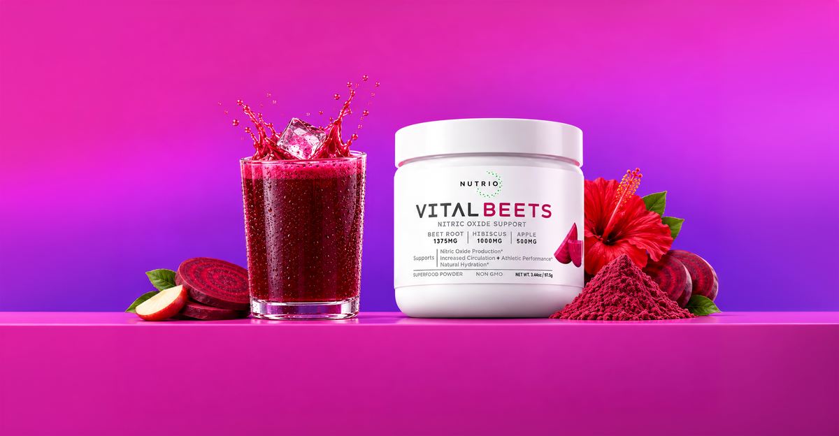 NUTRIO Vital Beets superfood powder tub with a glass of beet juice, fresh beets, hibiscus flower and apple slices