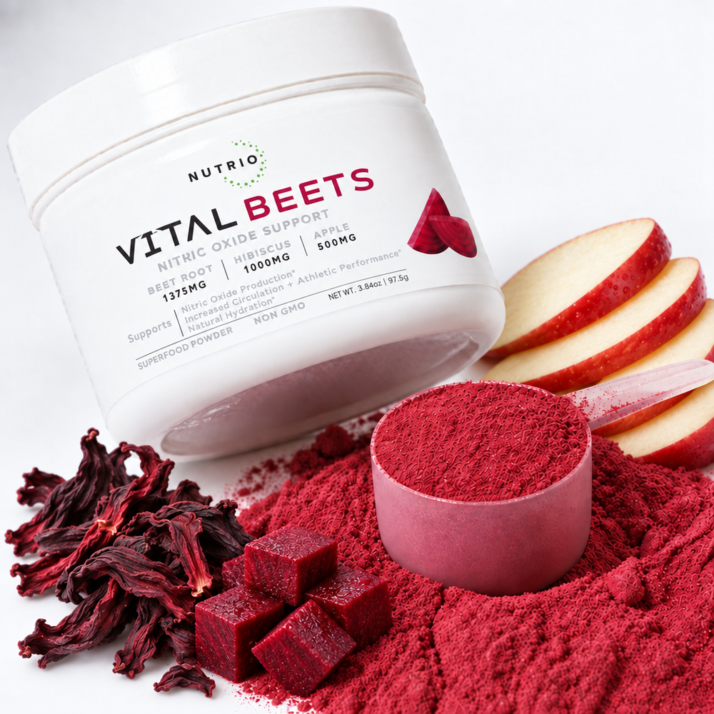 Product image with beet cubes, stacked apple slices, and dried hibiscus